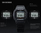 Casio G-Shock GW-BX5600 watch shown with callouts highlighting its MIP LCD, two font styles, Tough Solar power, Bluetooth connectivity, and Multiband 6 radio-controlled timekeeping.