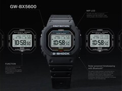 Casio G-Shock GW-BX5600 watch shown with callouts highlighting its MIP LCD, two font styles, Tough Solar power, Bluetooth connectivity, and Multiband 6 radio-controlled timekeeping.