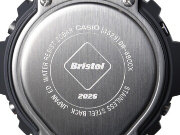 Close-up of the engraved stainless steel case back on the Casio G-Shock x F.C. Real Bristol DW-6900 showing the Bristol logo and 2026 engraving.
