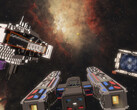 Cubic Odyssey screenshot with space cruiser against a gas cloud