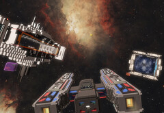 Cubic Odyssey screenshot with space cruiser against a gas cloud