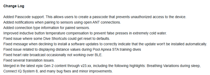The release notes for software version 23.09 for the Garmin Descent G2. (Image source: Garmin)