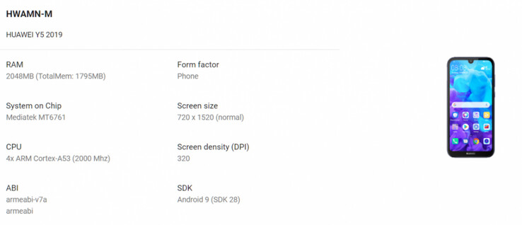 A look at some of the Huawei Y5 2019's specifications (Image source: XDA)