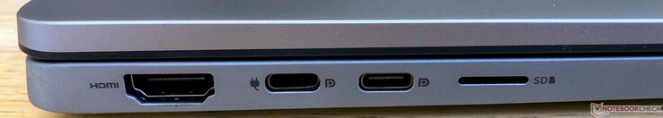 Left: HDMI 2.0, 2x USB-C 3.2 Gen 1 (5 Gbps, DisplayPort 1.4, power in), microSD