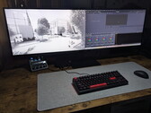 The Innocn E49M1R displays a technical drawing on the left and DaVinci Resolve on the right.