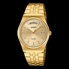 Casio MTP-B146G-3AV watch with a gold ion-plated stainless steel case and bracelet, gold-tone dial, day display at 12 o'clock, and date window at 3 o'clock.