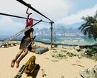 Soulmask screenshot with a character sliding down a zipline