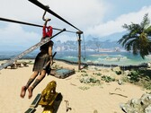 Soulmask screenshot with a character sliding down a zipline