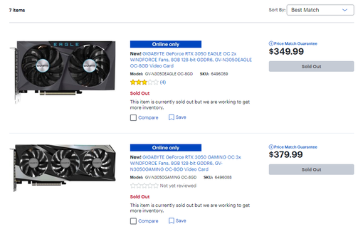 The two Gigabyte RTX 3050 cards on Best Buy are already sold out. (Source: Bestbuy)