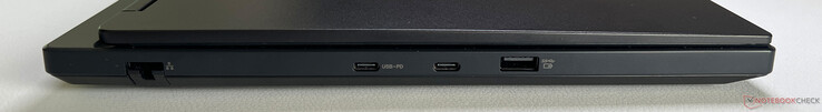 Left: Gigabit Ethernet, USB-C 3.2 Gen.2 (10 GBit/s, DisplayPort 2.1 via dGPU, Power Delivery 3.0), USB-C 3.2 Gen.2 (10 GBit/s, DisplayPort 1.4 via iGPU) USB-A 3.2 Gen.1 (5 GBit/s, Powered)