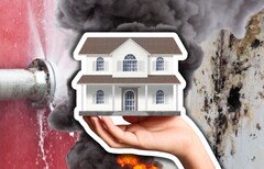 Water leak monitors, smoke detectors, and thermostats all have smart home potential. A generic house, a leaking pipe and a fire pictured. (Image Source: Canva -edits)