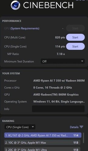 AMD Ryzen AI 7 350 Cinebench 2024 score (image source: Weibo)