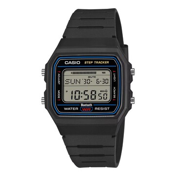 Casio F-B100W-1A with a black case and resin band and a blue accent ring around the watch face.
