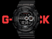 Pictured, a close up of the Casio G-Shock GD100-1B dial, with the text "G-Shock" in red in the background. (Image source: Casio - Edited)
