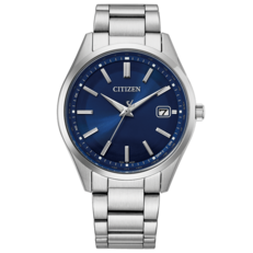 Citizen CB0300-53L radio-controlled Eco-Drive watch with a sunburst blue dial, stainless steel bracelet, baton hour markers, and date display.