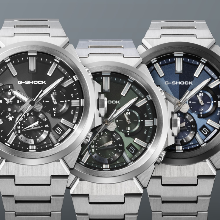 Casio G-Shock G-Steel GST-W1000D lineup from the left to right: the black GST-W1000D-1A, greenGST-W1000D-3A, and blue GST-W1000AD-2A.