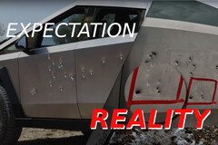 The Tesla Cybertruck has been put through its paces against a number of bullets, and while it started strong, things did not end well for the EV. (Image source: Tesla / JerryRigEverything - edited)
