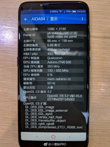 ZTE Nubia N3 technical details screen showing processor, GPU, and display details