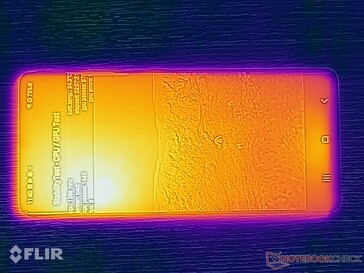 The front of the Galaxy S21 Ultra gets hot in places. (Image source: NotebookCheck)