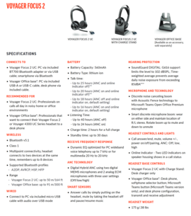 Poly Voyager Focus 2 - Specifications. (Source: Poly)