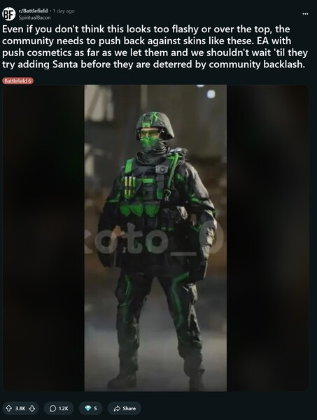Neon green leaked Battlefield 6 skin is shown (Image source: SpiritualBacon@Battlefield subreddit)
