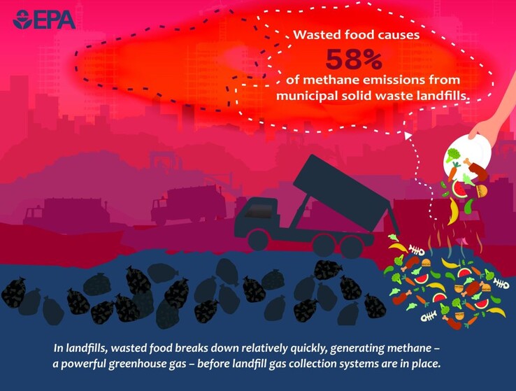 Food waste in landfills is the primary source of methane emissions contributing to global warming. (Image source: EPA)