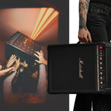 Two images of the Marshall Bromley 450 - one stylized and one being held in a hand.