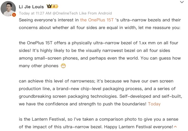 OnePlus China President shares details on the 15T’s display bezels.