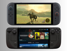 Nintendo Switch 2 sitting above Steam Deck (Image source: Nintendo of America, Valve with editing)