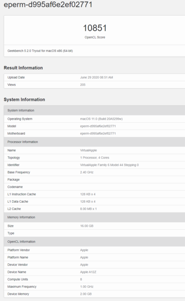 Apple DTK A12Z Bionic Geekbench 5 OpenCL score. (Image Source: Geekbench)