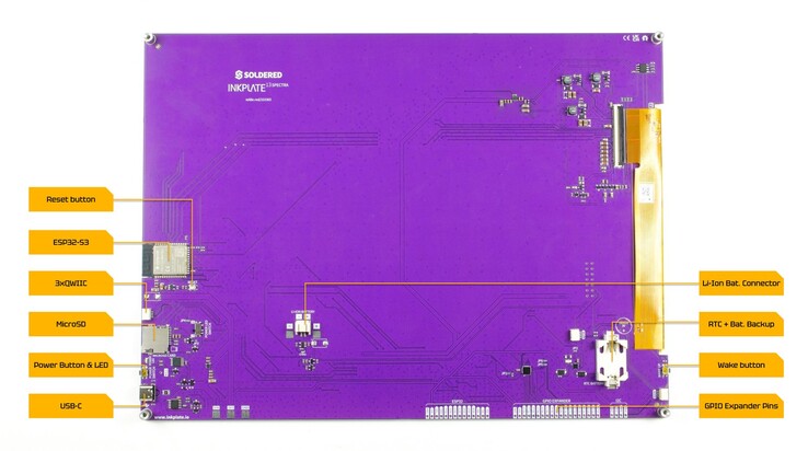 Backside overview of the Inkplate 13SPECTRA board showing onboard ESP32-S3, expansion interfaces, and power inputs