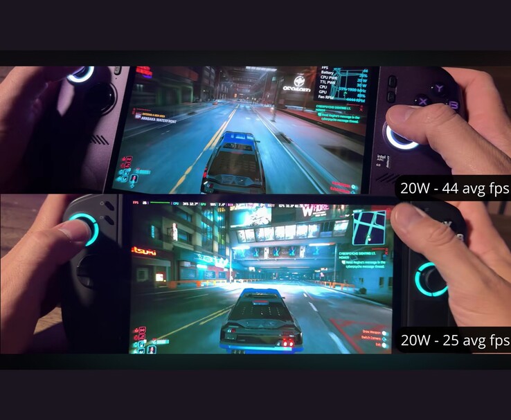 MSI Claw 8 AI+ and Lenovo Legion Go 2 running Cyberpunk 2077 at 20 W, showing 44 FPS and 25 FPS respectively.
