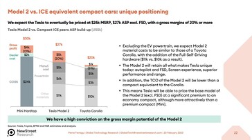 Expected Tesla Model 2 price and costs breakdown (image: New Street Research)