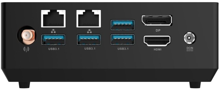 Rear: WiFi antenna hookup, 2x Gigabit Ethernet, 4x USB 3.1 Gen 2 (10 Gbps) Type-A, DisplayPort 1.2, HDMI 2.0, DC in