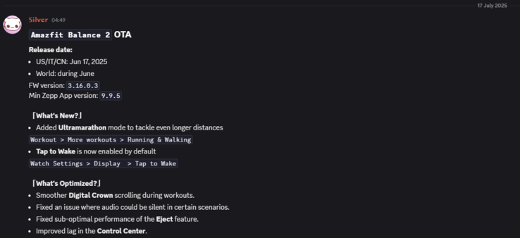 The release notes for the Amazfit Balance 2 version 3.16.0.3 update. (Image source: Amazfit via Weibo)