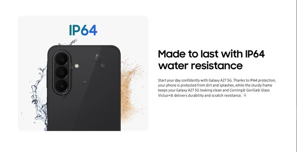 The Galaxy A27 5G's IP rating has been downgraded to IP64.
