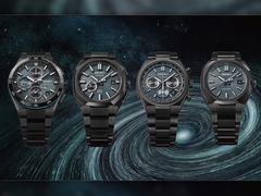From left to right - Seiko Astron SSH187, SSJ039, SBXY105, and SBXY107 - pictured against a swirly galaxy background. (Image source: @plus9time on Instagram)
