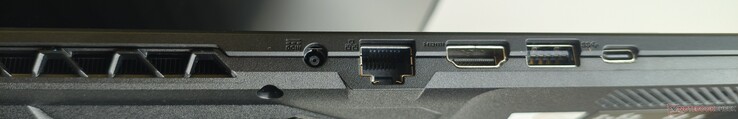 Left side: DC-in, RJ45 LAN, HDMI 2.1, USB-A 3.2 Gen1, USB-C 3.2 Gen2 (including DisplayPort 1.4 and Power Delivery 3.0)