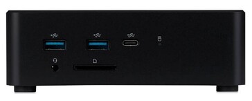 Front view of the iiyama mini PC showing USB-A, USB-C, audio and SD card reader ports