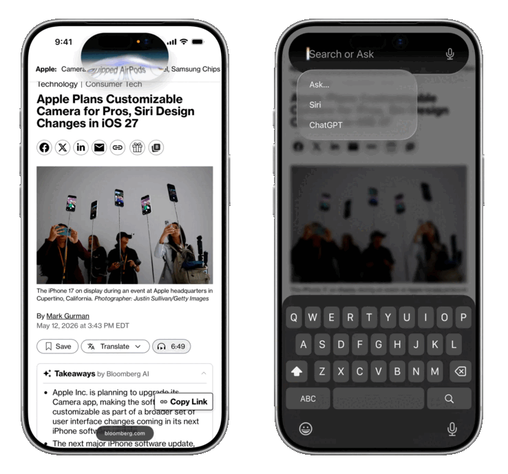 The new Siri is planned to have a redesigned animation that pops out of the Dynamic Island (left) and a Search or Ask interface.