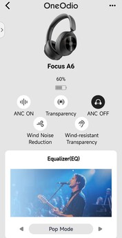 The Focus A6 app allows direct control of the headphone settings. (Image source: Notebookcheck)