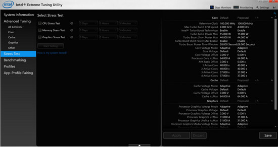 The Intel Extreme Tuning Utility tool shows a maximum of 44 W possible for 28 seconds.