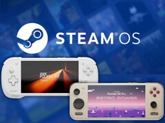 The Konkr Pocket Fit G3 and Ayaneo Pocket S2 Pro pictured with the Steam OS logo in the background