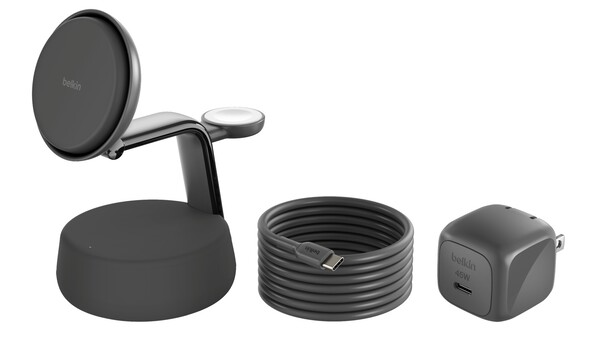 The Belkin UltraCharge Pro 3-in-1 Magnetic Charging Dock comes with a USB-C cable and 45W adapter. (Image source: Belkin)