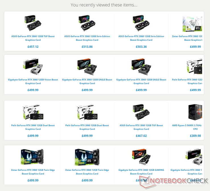 Some of the GeForce RTX 3060 prices shown by CCL Computers. (Image source: CCL Computers)