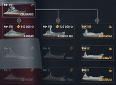 World of Warships 12.1, US tech tree showing hybrid battleships Nebraska, Delaware, and Louisiana (Source: Own)