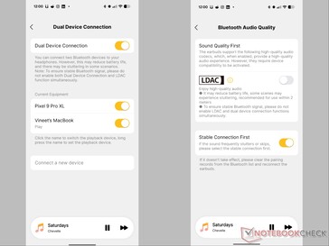 EarFun Audio app showing dual-device and LDAC settings.