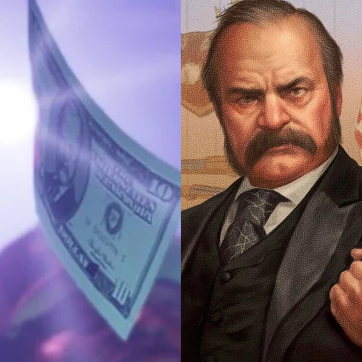 Image showing the money in GTA 6 from Trailer 2 alongside president Thaddeus Waxman. (Image source: Synth Potato on X)