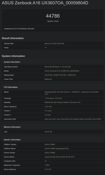 Snapdragon X2 Elite X2E-96-100 Geekbench GPU performance