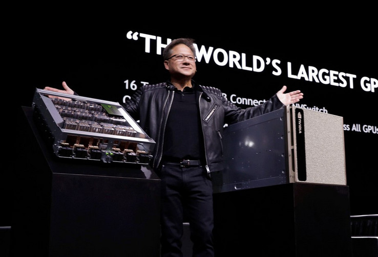 Nvidia CEO Jensen Huang next to the DGX-2 system (Source: Nvidia)